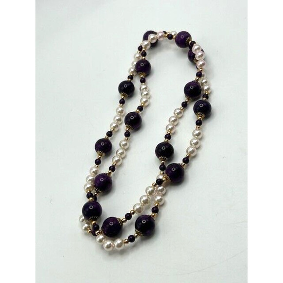 Amethyst? Purple Beaded Faux Pearl Necklace Gold Tone 30" Long - Picture 7 of 8